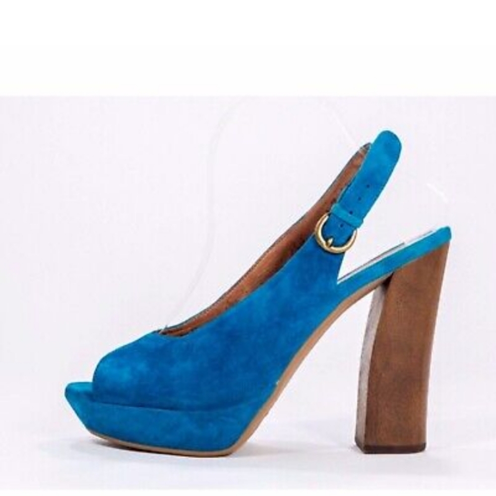 Jeffery Campbell Ibiza Friend Blue Suede Wrapped Platform Natural Wood Heel Sz 7